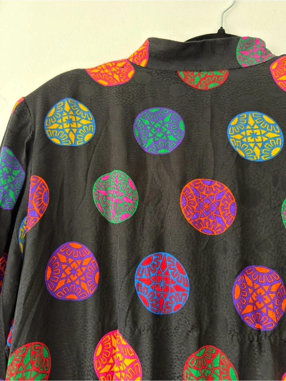 Vintage Women's Black Dress with Multicolor Circle Print 100% Silk